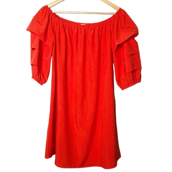 Elodie Red Orange Off Shoulder Ruffle Sleeve Dress Women A Line Mini Dress - Picture 2 of 16